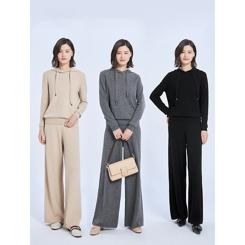 Autumn Winter Women's Knitted Suit Solid Hooded Knit Top High Waist Wide Leg Pants Two-Piece Sets Female Outfit Ladies Pantsuit