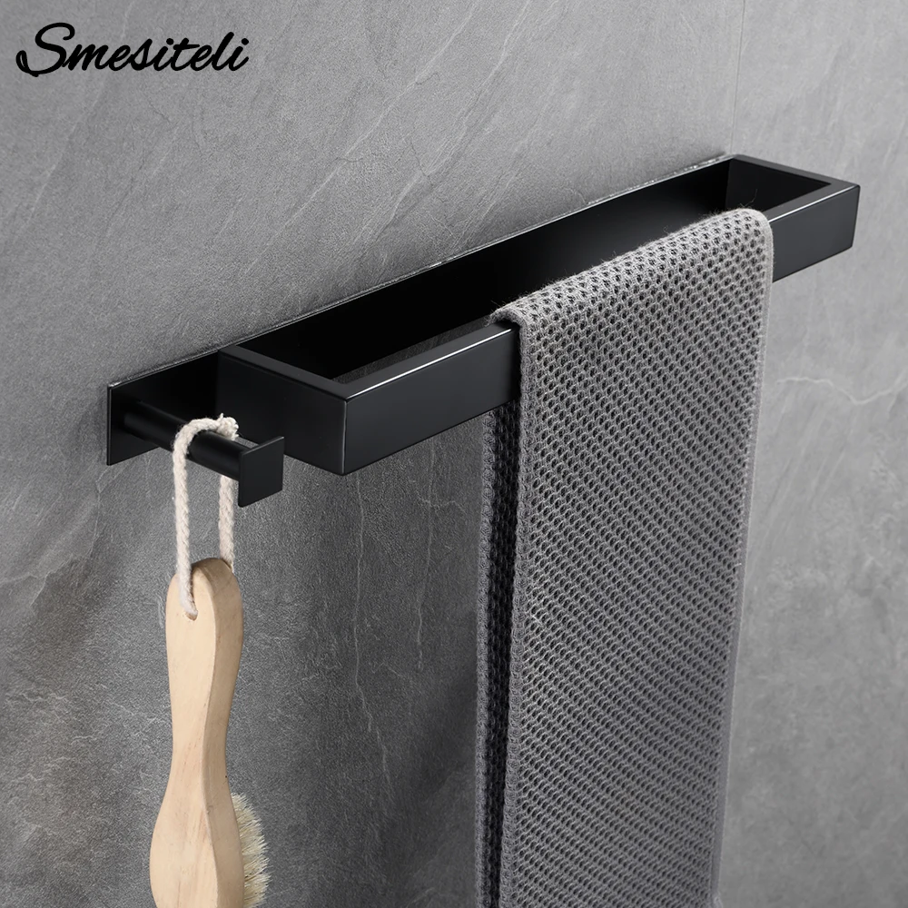 Self-adhesive Towel Holder Black Towel Rack Without Drilling With Hook Wall Mount Modern Bathroom Stainless Steel Material