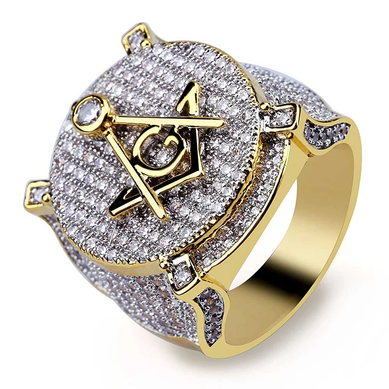 Hip Hop Micro Pave AAA Cubic Zirconia Bling Iced Out Freemasonry Masonic Rings for Men Rapper Jewelry Size 7-11