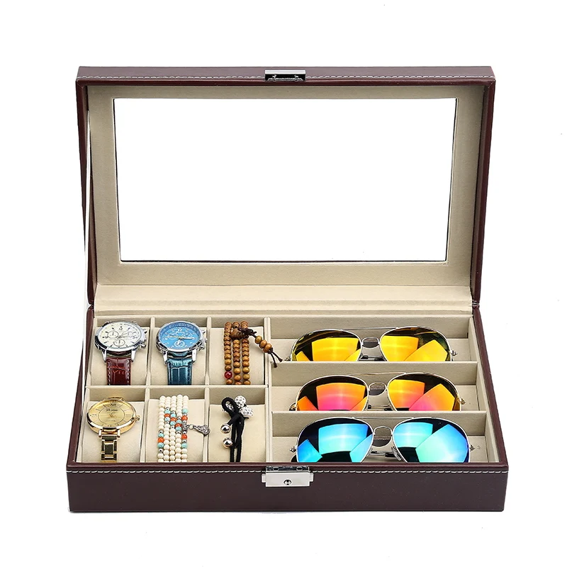 Leather 6 Watch Box Jewelry Case and 3 Piece Eyeglasses Storage and Sunglass Glasses Display Case Organizer Brown Black