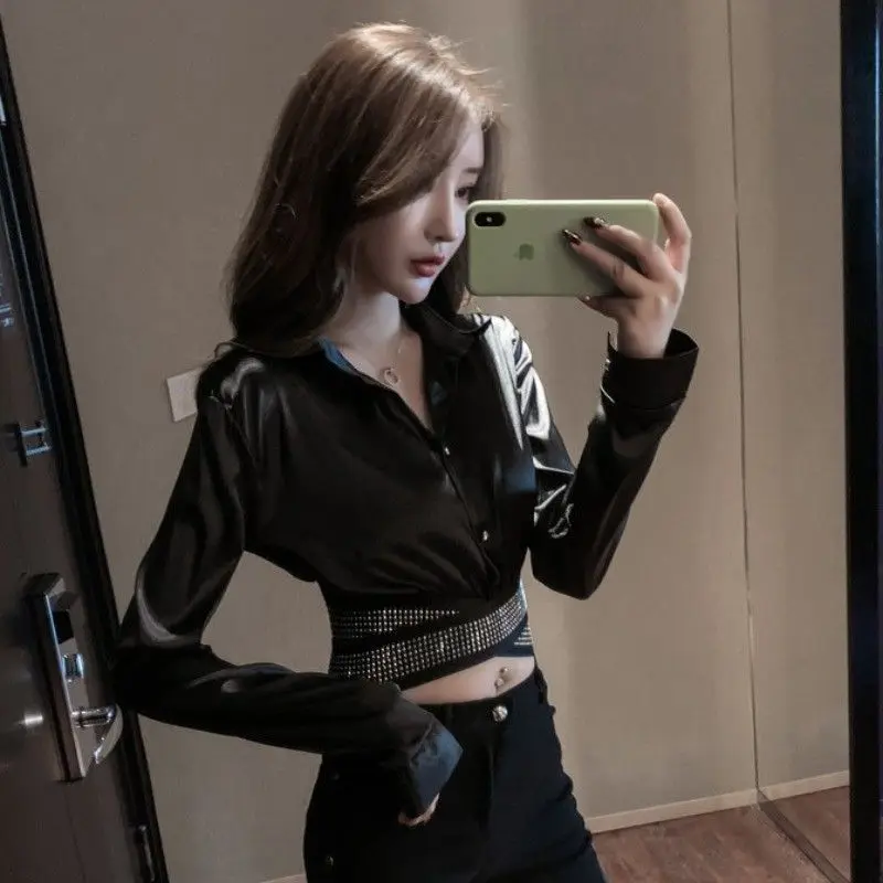 

Свободная укороченная черная рубашка в стиле ретро Blusas Ropa De Mujer