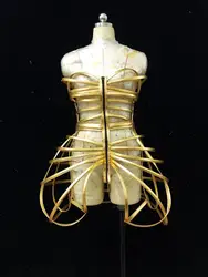 Gold openwork armor Jumpsuitbar gogo costume Dj Dancers Sexy Nightclub DS Singer Rave Clothes Stage Wear future space warrior