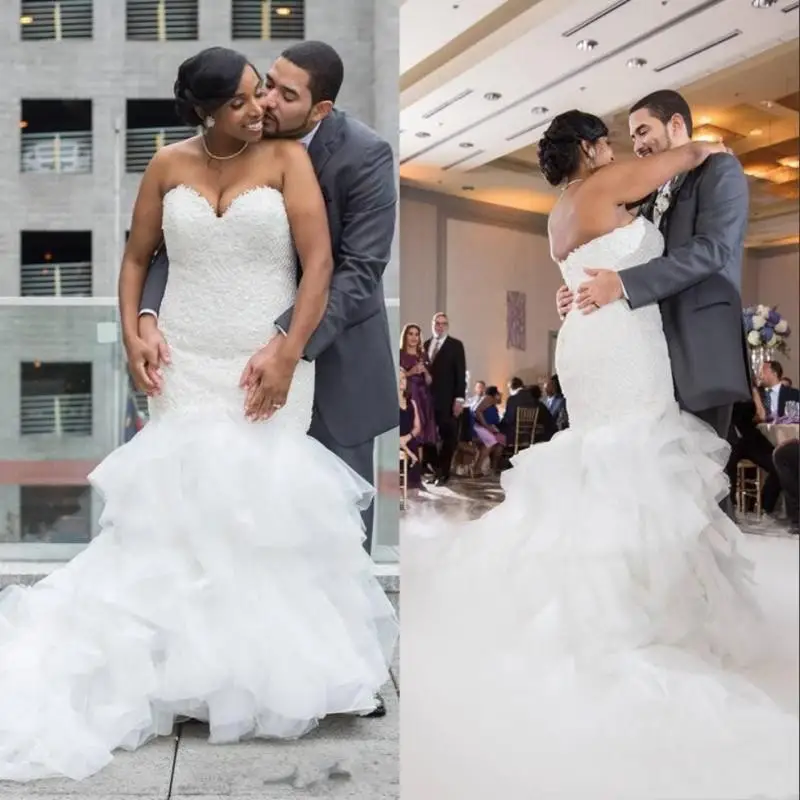 African Black Girls Plus Size Mermaid Wedding Dresses Sweetheart Ruffles Tiered Skirt Modest Bridal Gowns