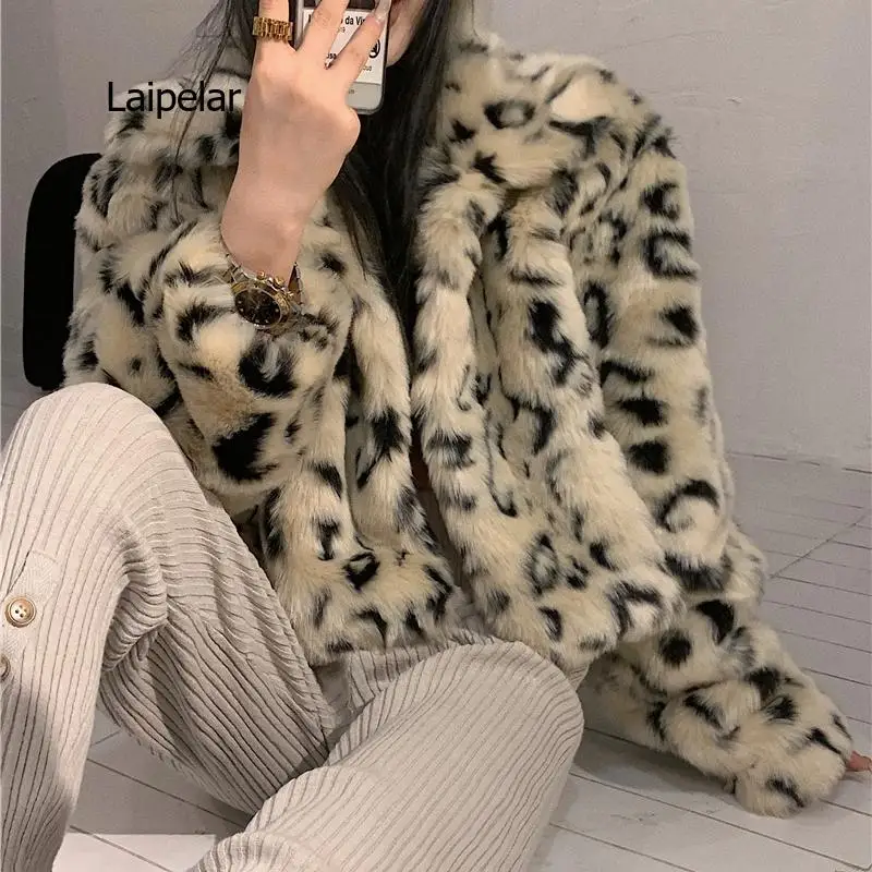 Fashion Leopard Short Furry Jacket Womens Spring Keep Warm Faux Fur Coat Woman Korean Turn-down Collar Plush Coats