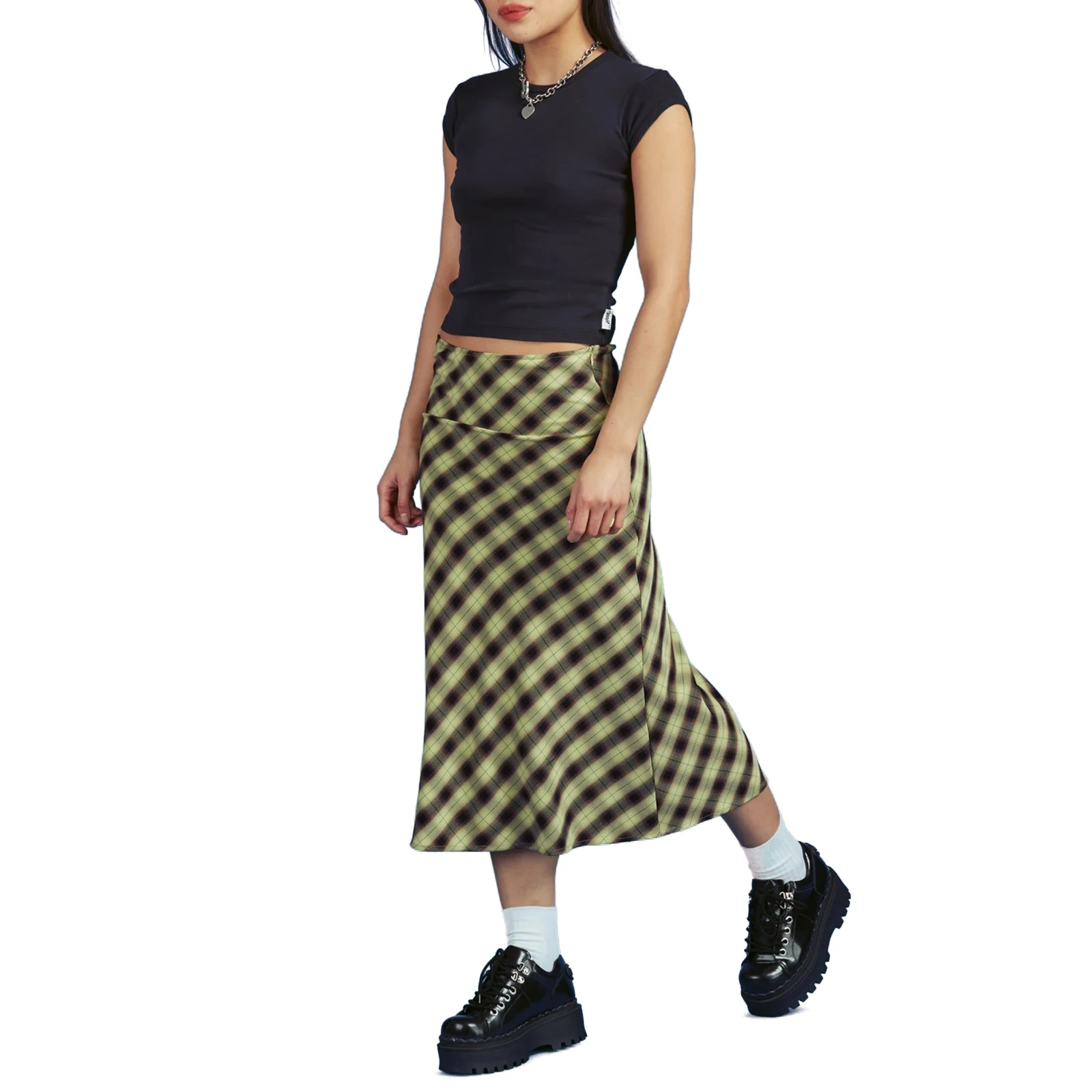 2021 Summer Y2K E-Girls Streetwear Vintage 90s Plaid High Waist Brown Midi Skirts Indie Aesthetics Printing A-Line Long Skirt