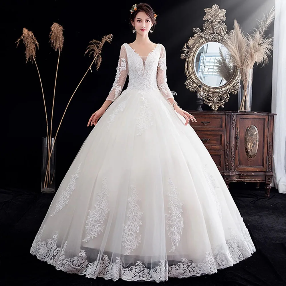 Ivory Lace Appliques Wedding Dress For Women V Neck Full Sleeves Ball Gown Bridal Custom Made Robe De Marriage Bride Trouwjurk