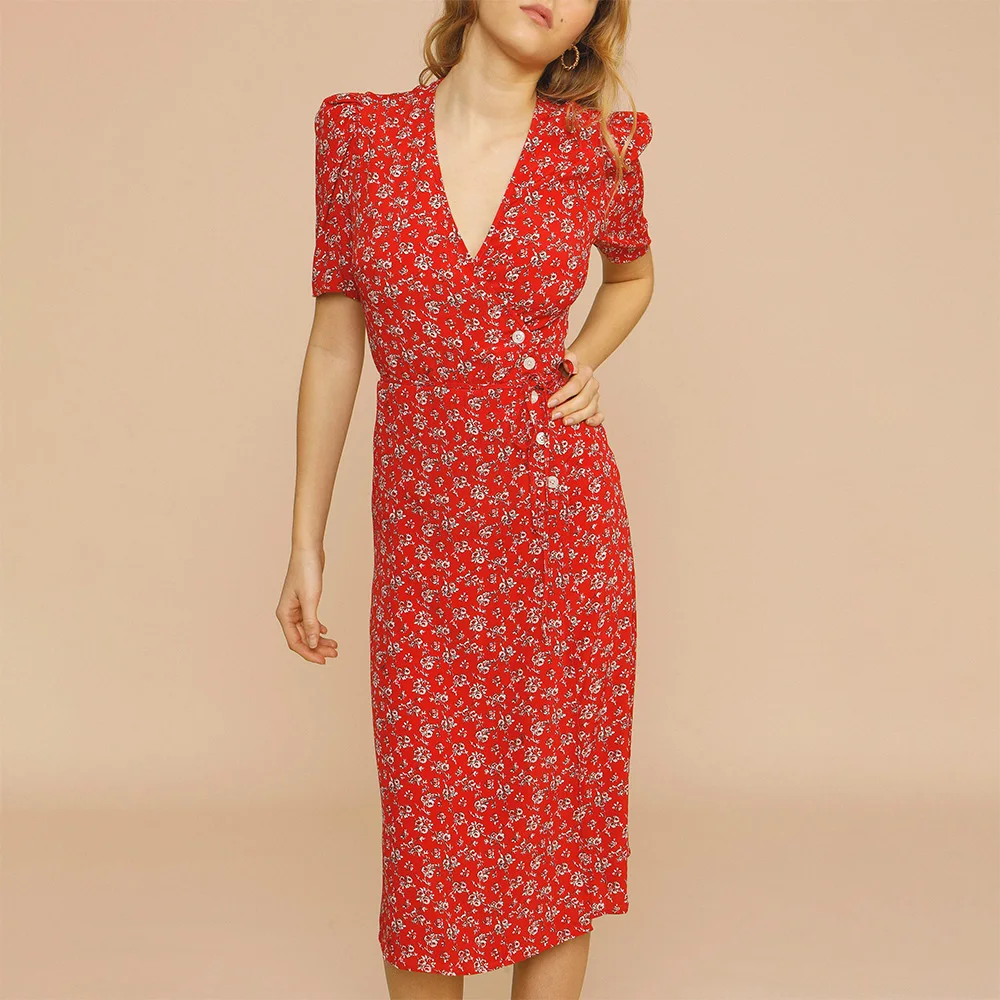 Summer Dress For Women Clothing 2021 V Neck Short Sleeve Button Tie Waist Wrap Dress Elegant Vintage Floral Print Midi Dress