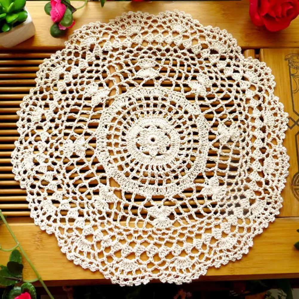 Vintage Fresh Water Lotus Pure Cotton Lace Handmade Hollow Flower Placemat Hand Crocheted Lace Doilies Round Table Coaster