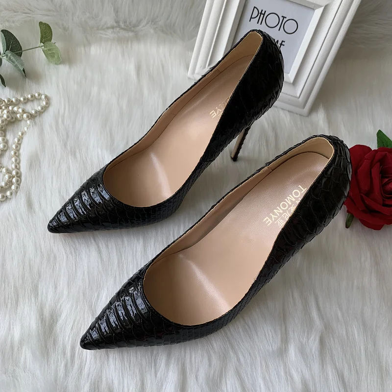 2023 Factory outlet custom made black patent snake python leather pointed toe 120mm high heel shoes pump plus size 12 on sale