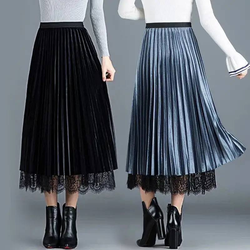 Women's Two-Sided Pleated Skirt Long Skirt Lace Woman Skirts Mujer Faldas Saias Mulher