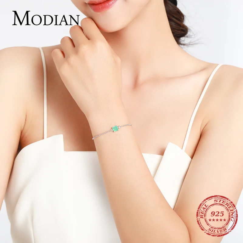 Modian 2021 New Real 925 Sterling Silver Luxury Square Tourmaline Beads Chain Bracelet For Women Paraiba Fine Statement Jewelry