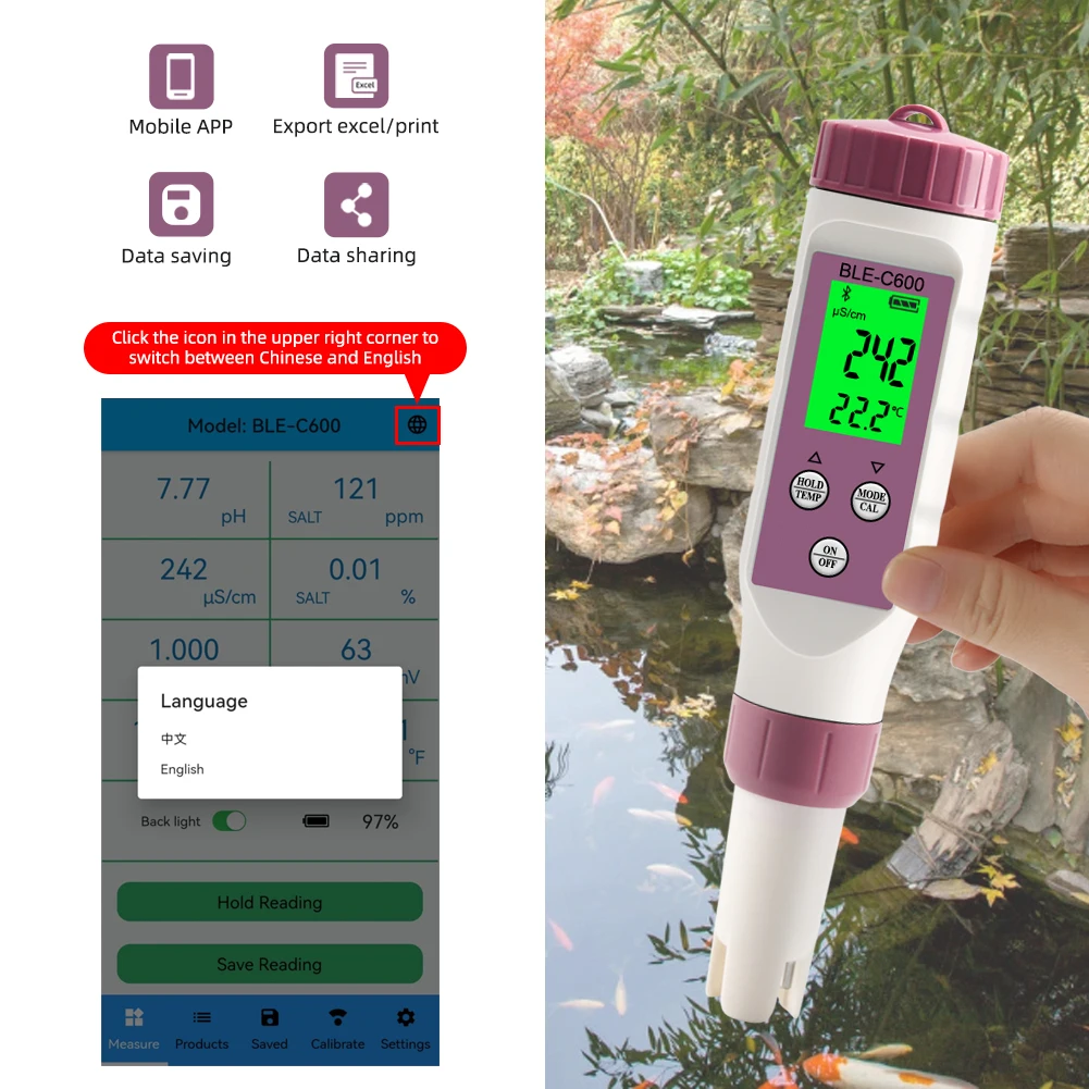 7 in 1 Temp ORP EC TDS Salinity S.G PH Meter Online Blue Tooth Water Quality Tester APP Control for Drinking Laboratory Aquarium