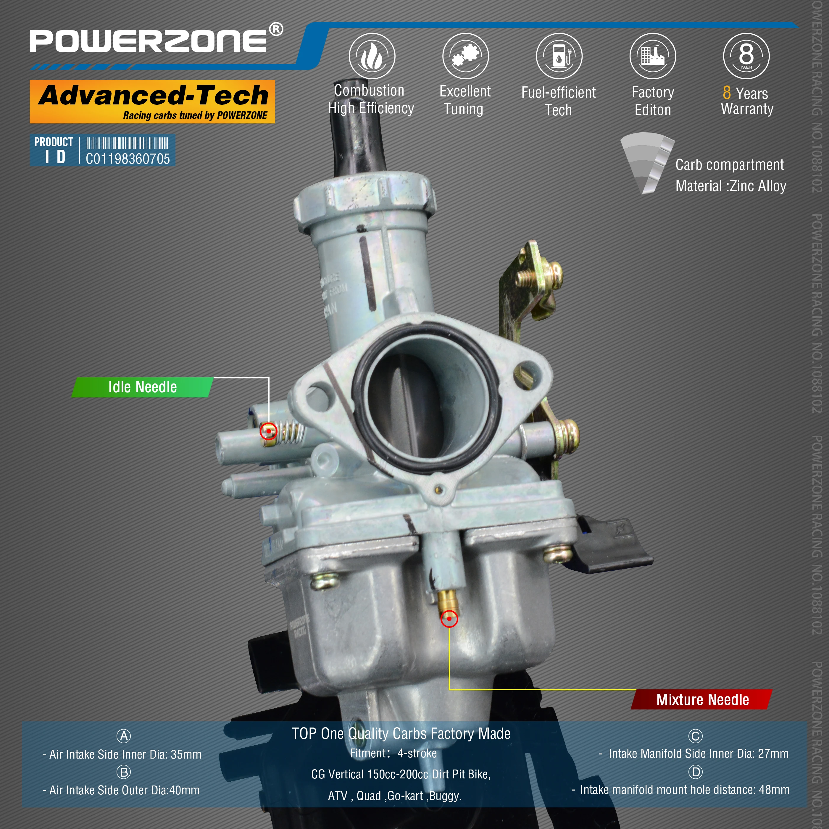 Powerzone  Carburetor PZ27 27mm  CVK  Accelerator Pump Carb For CG Vertical 150cc-200cc Dirt Pit Bike,ATV , Quad ,Go-kart ,Buggy