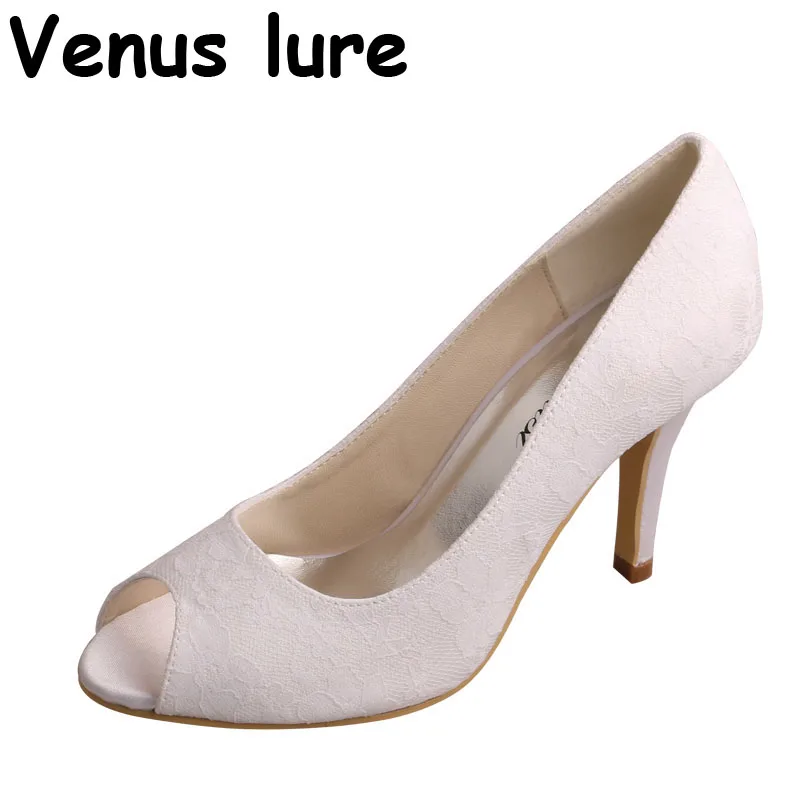 

Venus lure 9CM Heel Lace White Dress Shoes for Women Wedding Peep Toe