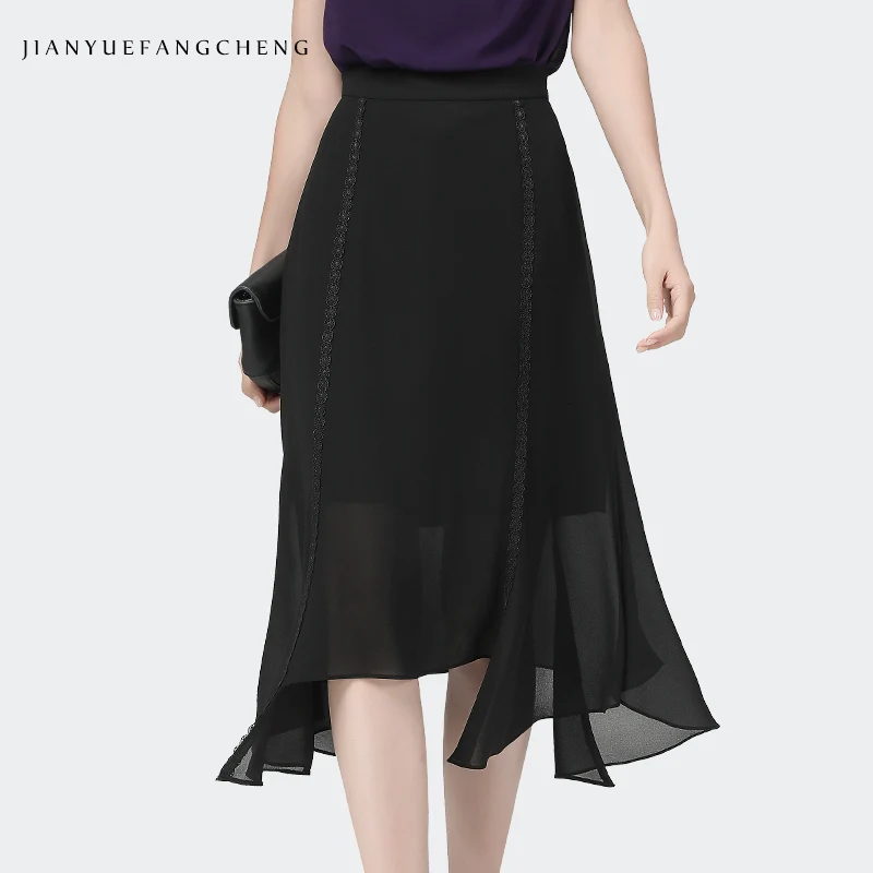 

Chiffon Skirt Women Summer Lightweight High Waist A-Line Mid-Length Elegant One-Step Skirts Fashion Black Slim Plus Size Skirts