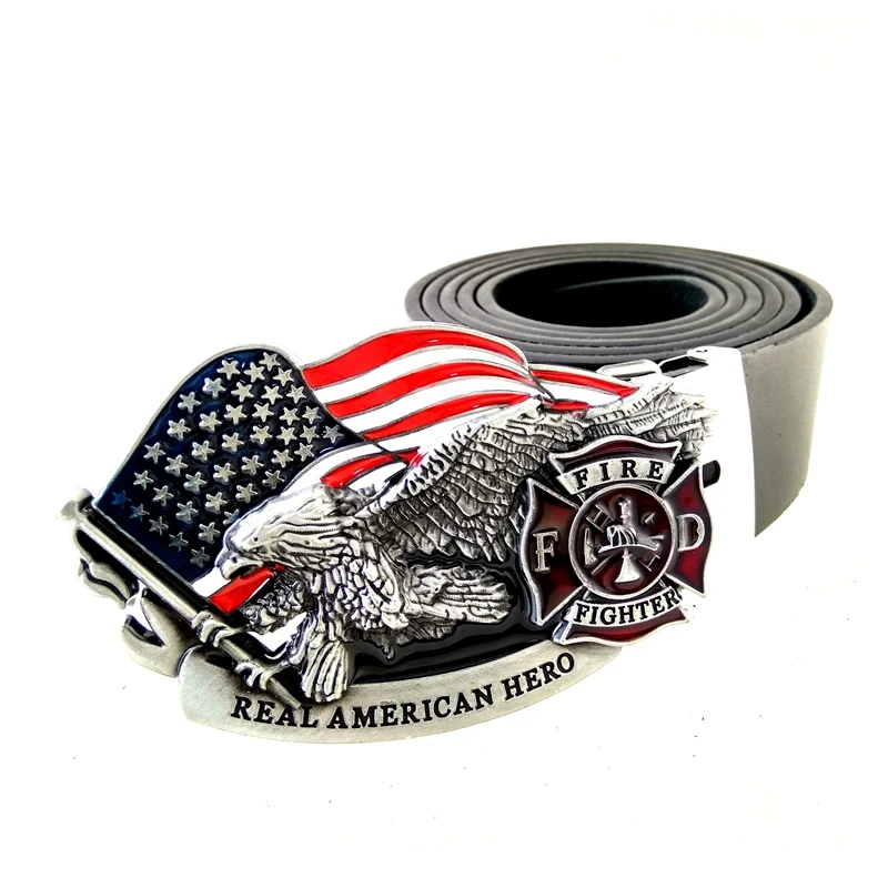 Black Pu Leather Belt Men with American Flag Eagle Fire Dept Firefighters Real American Hero Belt Buckle Metal Belts for Men