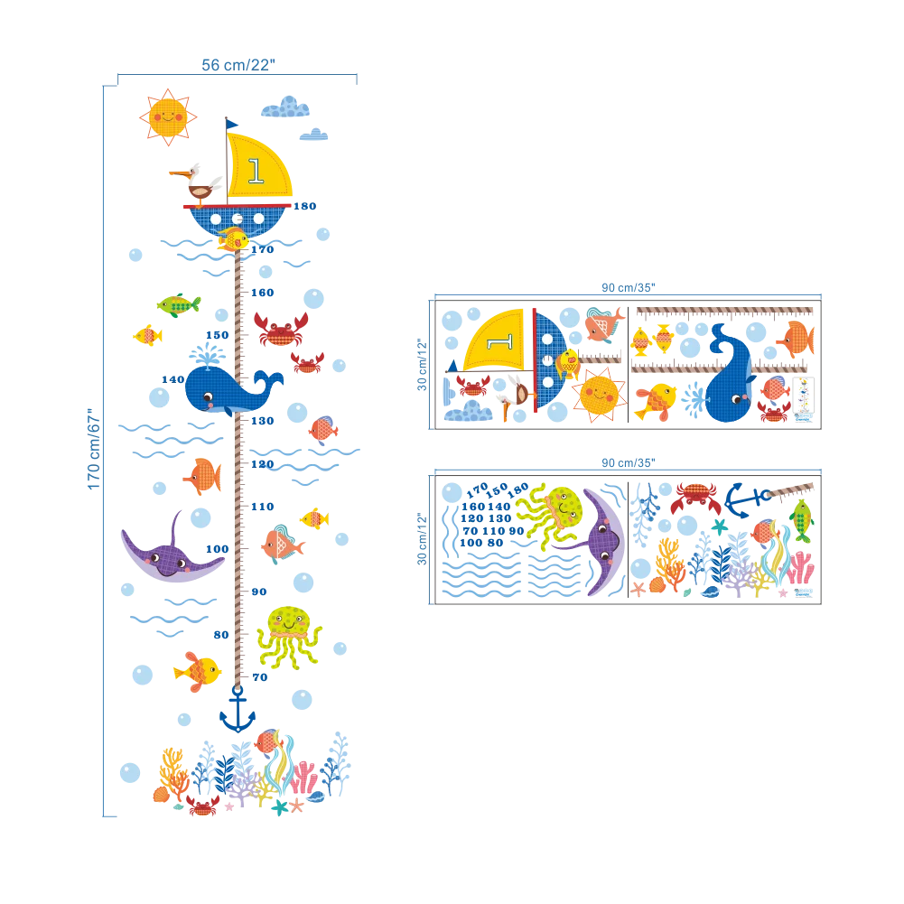 Creative Height Growth Chart Wall Sticker Kids Boys Girls Underwater Sea Fish Anchor Finding  Decorative Decal Poster