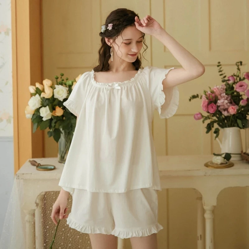 

Sexy Women White Sleep Nightwear Suits Night Lace Bow Pajama Sets Sleepwear 2 Pieces Backless Shorts Homewear
