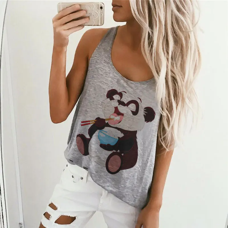 Verão moda feminina camisola sem mangas kawaii dos desenhos animados panda impressão colete casual cinza o-pescoço topos de tanque feminino roupas