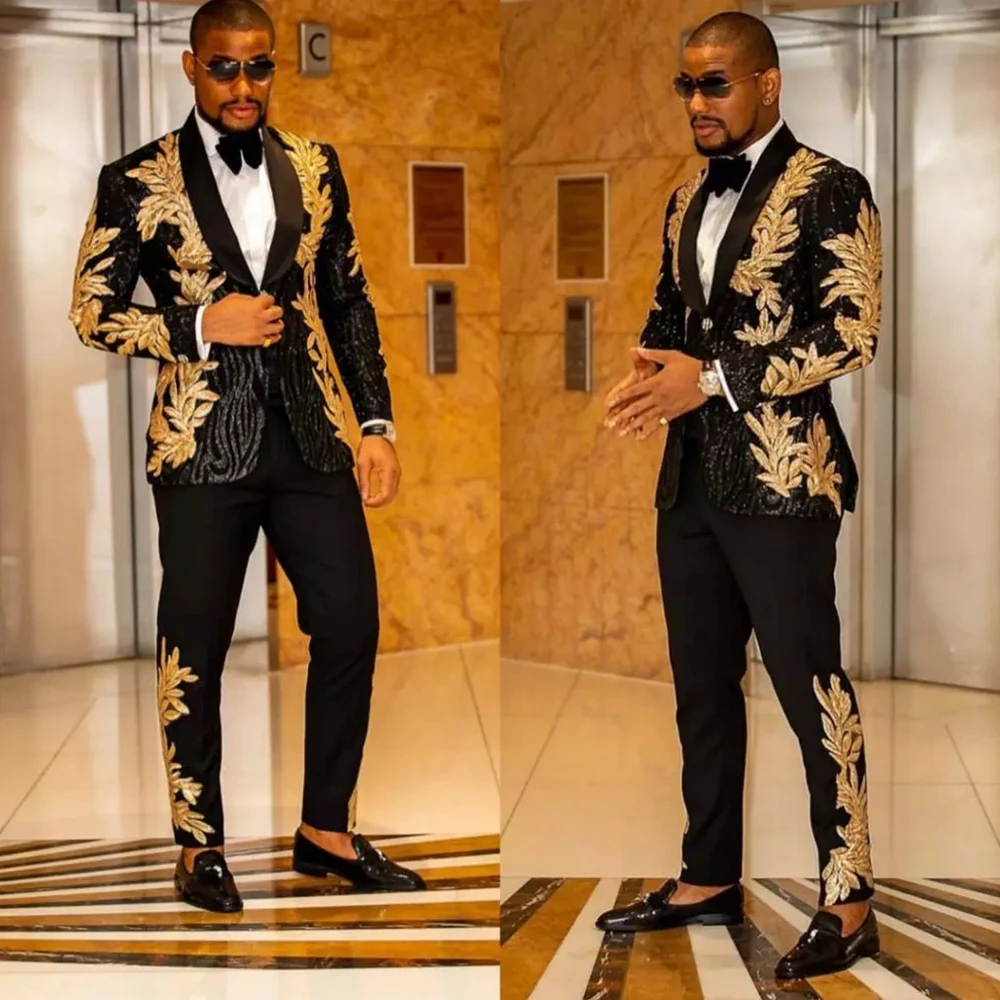 Luxury Men's Suits Formal Wedding Tuxedo Groom Wear Black Sparkly Sequins Blazer Pants 2 Pieces Prom Party Gold Appliques Coat