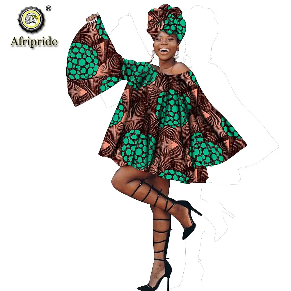 African summer Dress with head wrap for women dashiki print flare Sleeve Plus Size kanga clothing AFRIPEIDE S1925042