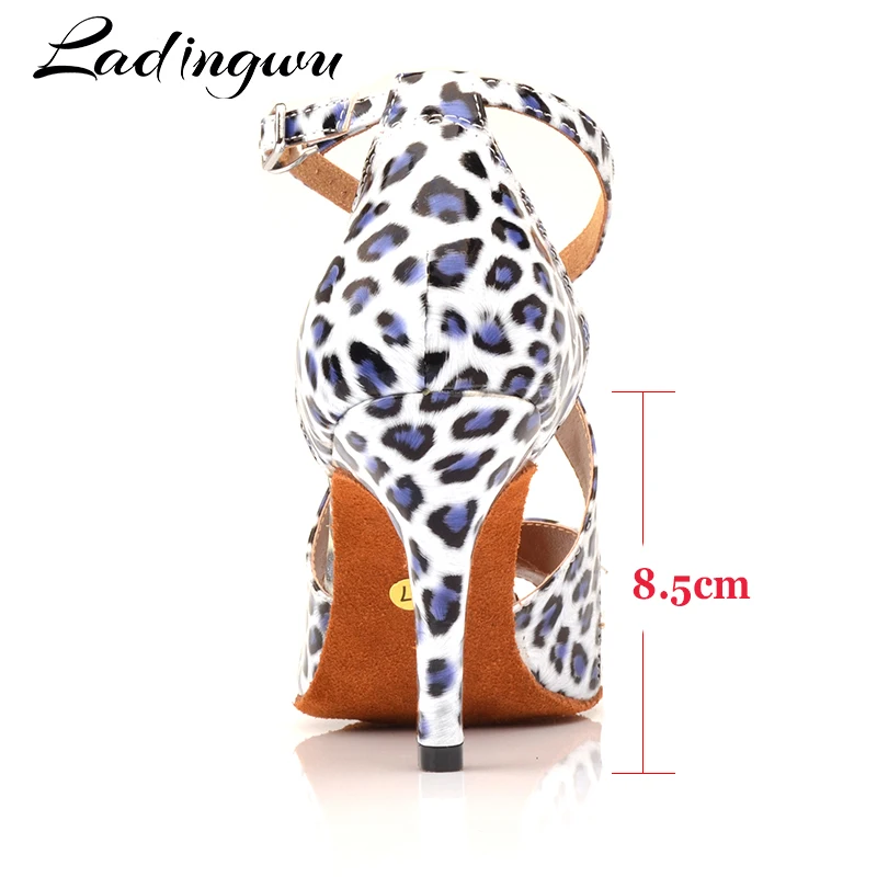 Ladingwu New Brand Dance Shoes Woman Latin Leopard texture PU Salsa Dance Shoes 10cm Heels Tango Professional perform Shoes