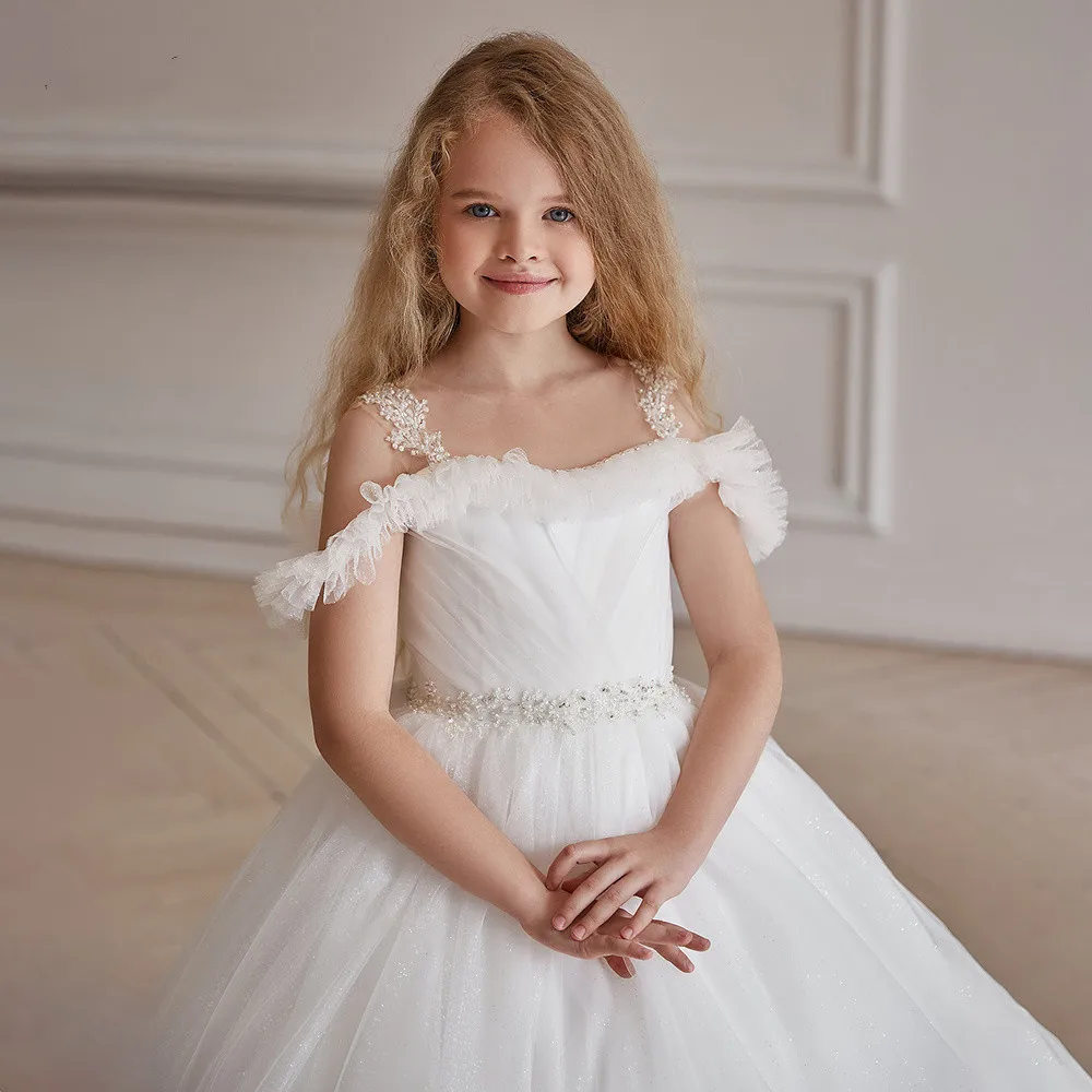 Vestido de princesa de flores para niñas, vestidos con apliques con cuentas, impresionante, bonito, Vestido de primera comunión, blanco