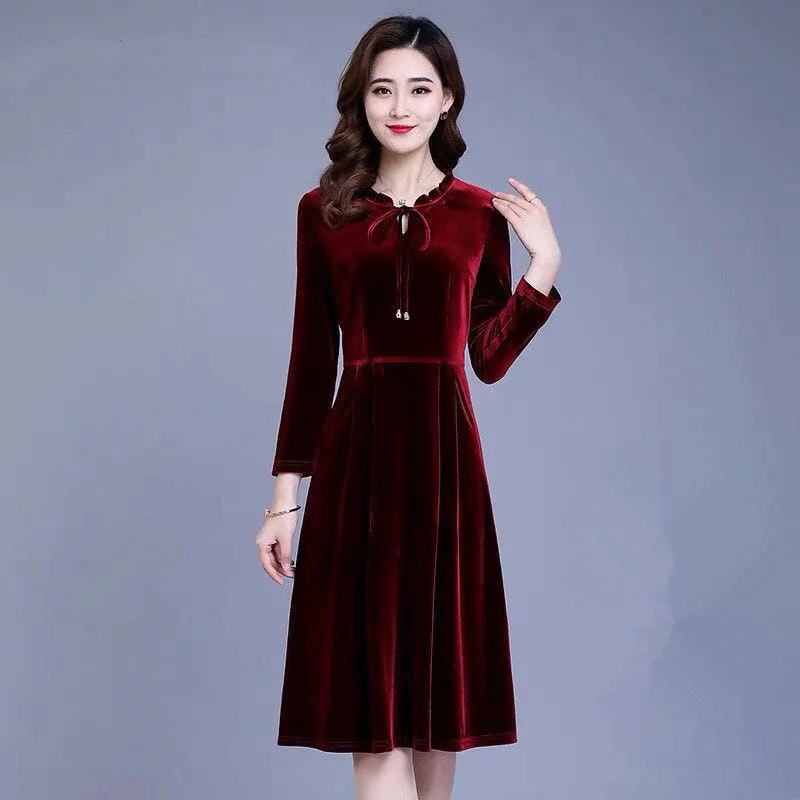 Women Autumn Winter Velvet Dress Lady Long Sleeve Party Velour Dress Long Sleeve Casual A-Line Elegant Vesitos