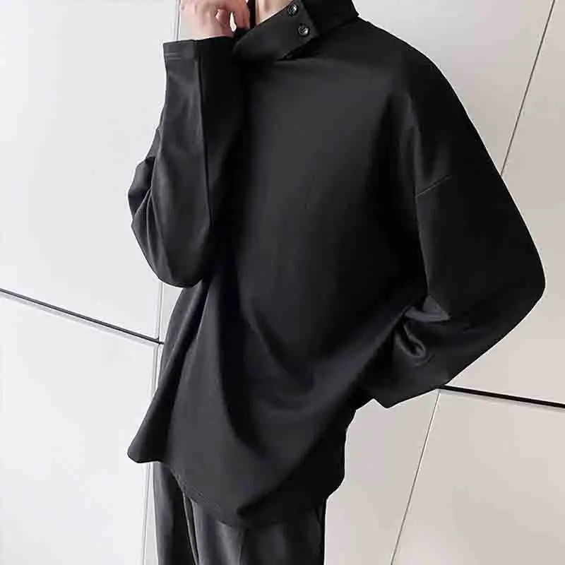 Autumn Japanese style individual standing collar sweater men's long sleeve button down simple and versatile loose pile neck casu