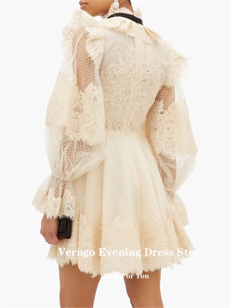 Verngo High Neck Lace Applique Short Formal Party Dress Dotted Tulle Puff Long Sleeves Beige Above Knee Length Prom Dress