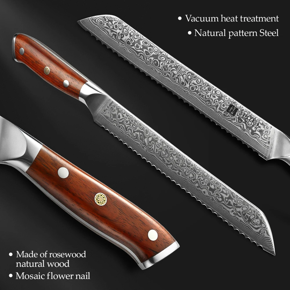 XINZUO 9\'\' Inch Serrated Knife 67 Layer Damascus Steel Cutter Cutting Bread Cheese Toast Sharp Table Knife with Rosewood Handle