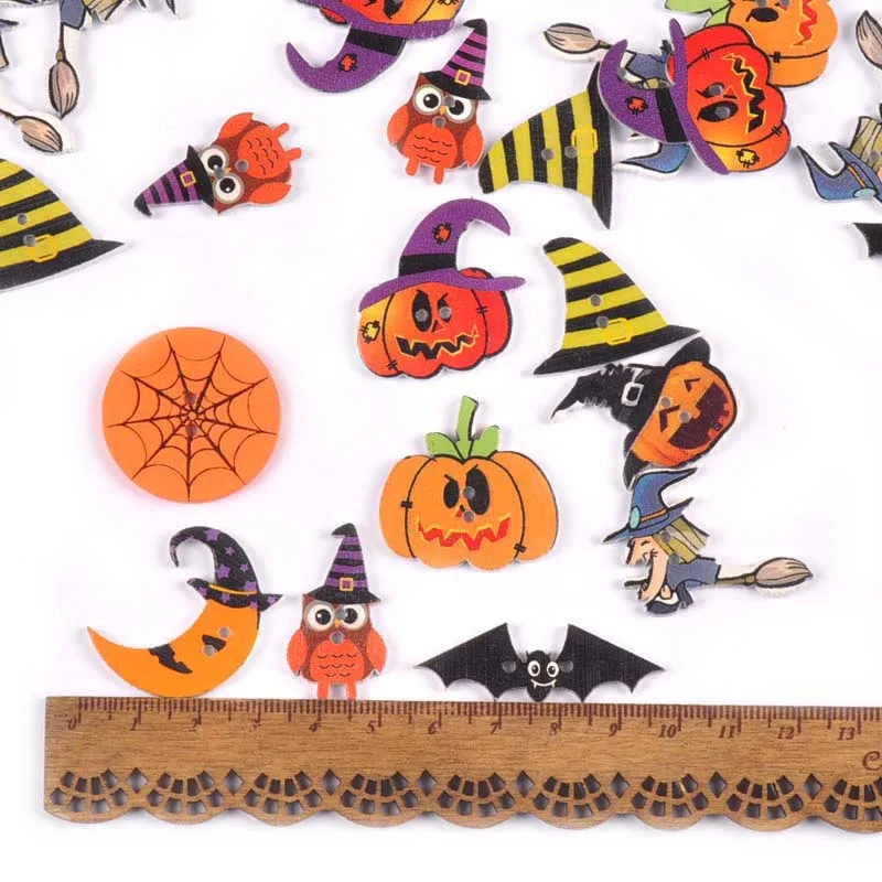 50 sztuk Halloween czaszka/dynia Flatback drewniane guziki dla majsterkowiczów Scrapbooking rzemiosło szycie dodatki odzieżowe Home Decor m2718