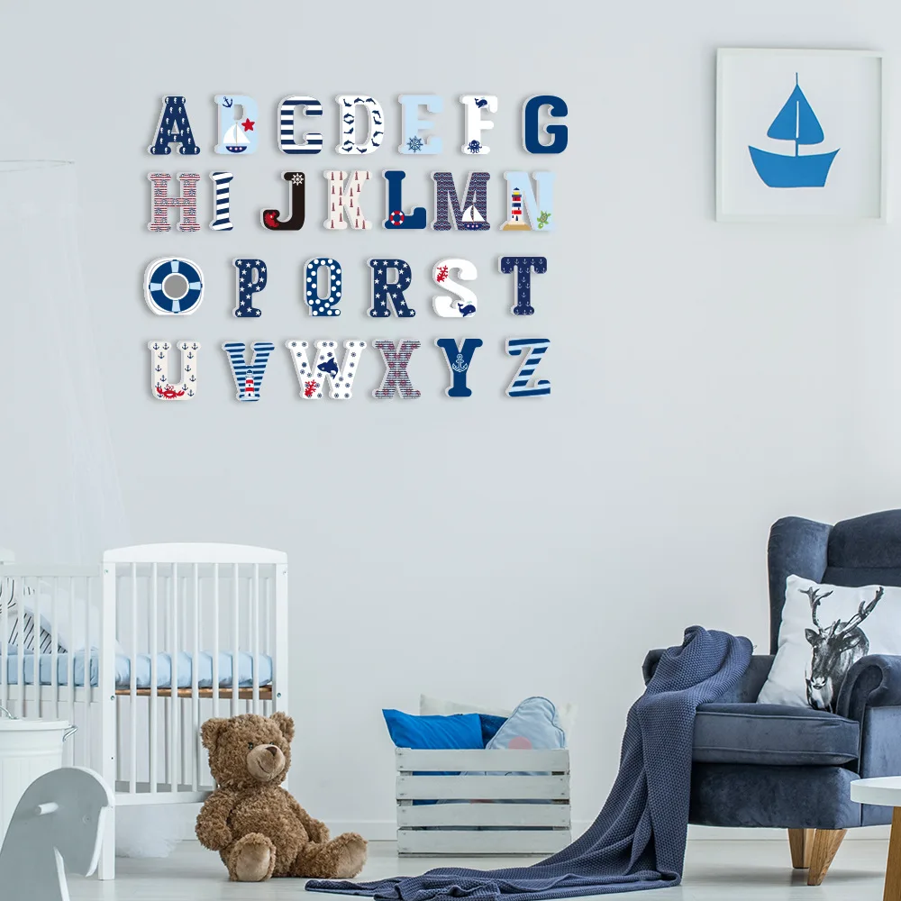 FUNLIFE DIY Cartoon 3D Children Marine Sailor Wall Sticker 26 Capital Letters Children's Room Kindergarten Home Decor Sticker