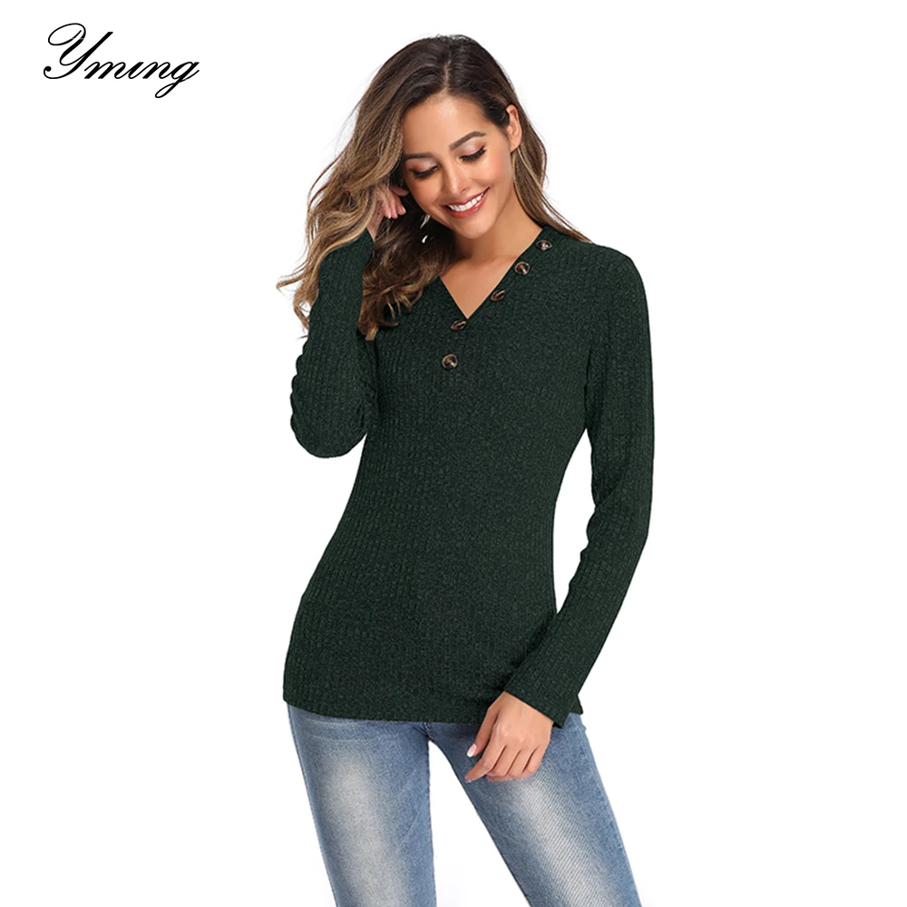 

YMING Spring Autum Women Knitted Long Sleeve Sweater V-neck pullover Sweater Slim Button Casual Tops Soft jumper Sweaters