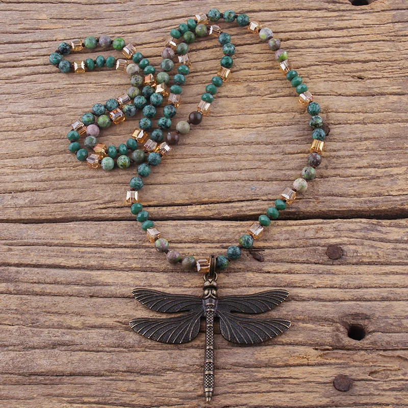 RH Fashion Bohemian Jewelry Accessory 6mm Stones/Crystal Knotted With Metal Retro Dragonfly Pendant Necklaces Women Boho Gift