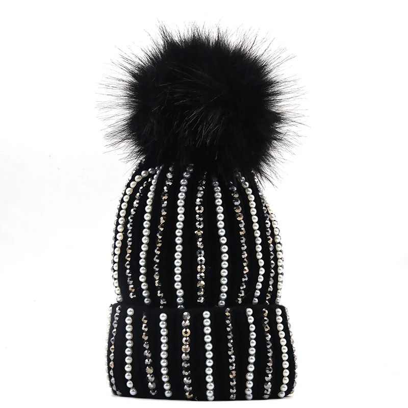 Brand luxury Women\'s Pom Pom Pearl Beanie Hat Spring Casual Polyester Shine Rhinestones Beanies For Women Skull Hats Bonnet Cap