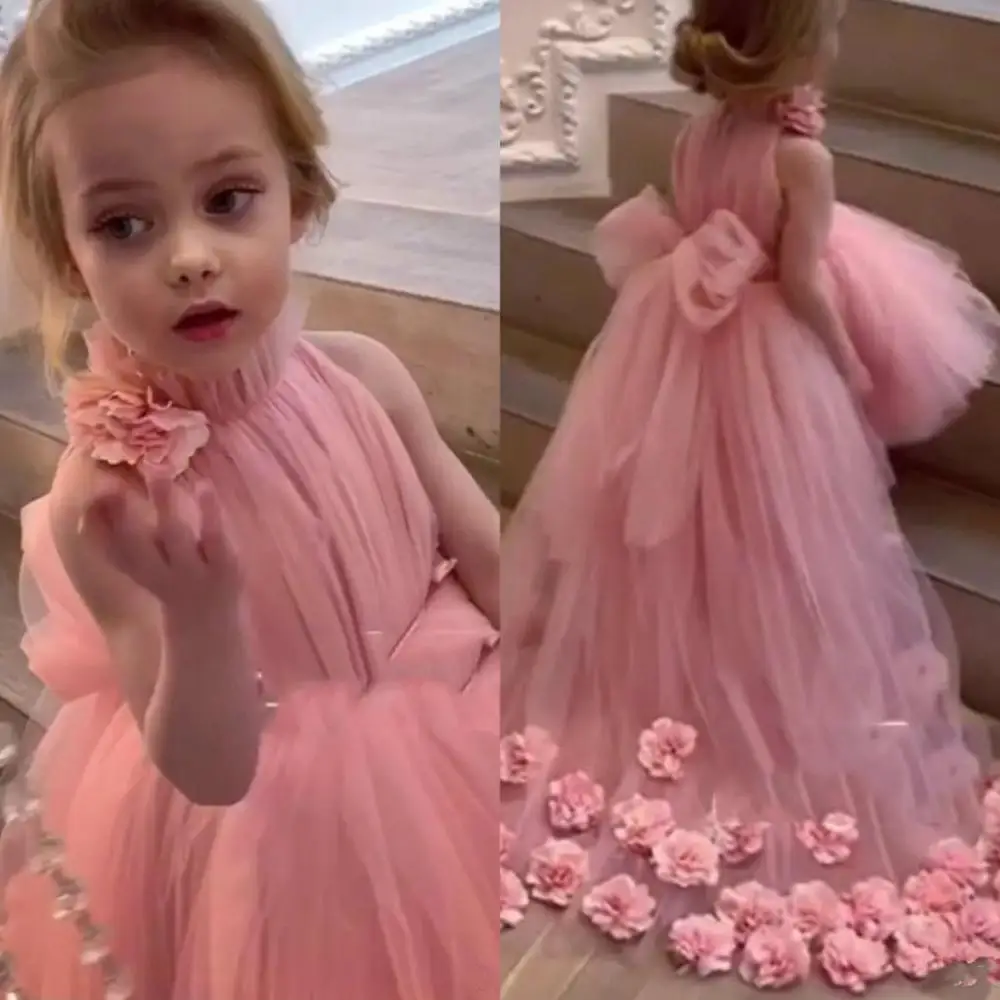 Vestidos de flores para niñas, moda 2020, cuello alto, Apliques de encaje, vestidos de desfile de tul para niñas, vestidos de primera comunión hechos a medida