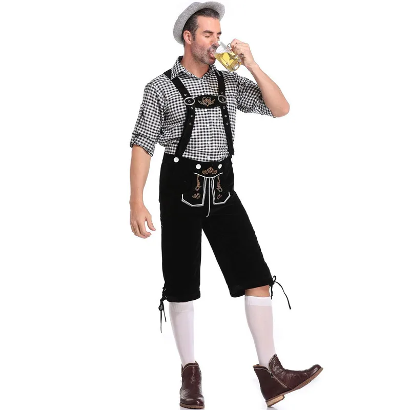 Men Munich Beer Oktoberfest Costume plaid shirt Party Fancy Overalls Bar work clothes Uniforms Sexy waiter Beer Bodysuit new