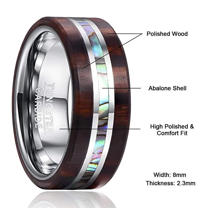 NUNCAD Men's Engrave Name Rings 8MM Ebony Wood Grain Natural Abalone Shell Tungsten Steel Ring Wedding Band Boyfriend's Gift