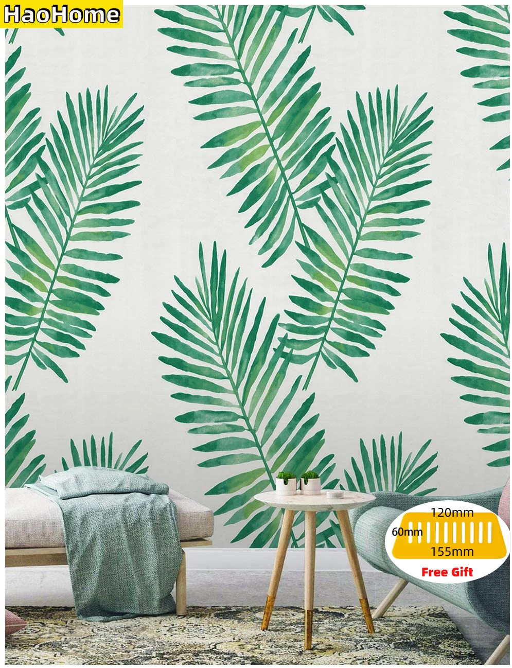 HaoHome Tropical Palm Peel and Stick Wallpaper Removable Green White Vinyl Self Adhesive Wallcoverings for Living Room