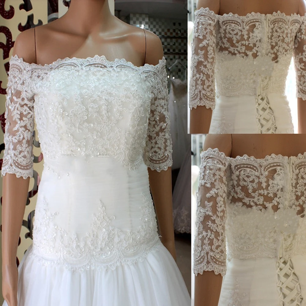 

Crystal Beaded Lace Wedding Bolero Off Shoulder Half Sleeve Bridal Coat Jacket Shrug New Bride Jackets Customized