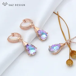 S&Z DESIGN New Fashion 585 Rose Gold Color Water Drop Crystal Dangle Earrings Jewelry Sets For Women Pendant Necklace Gift