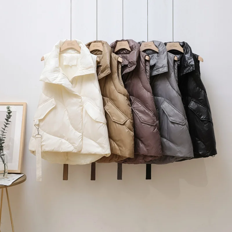 Fall Winter 2021 New Stand Up Collar Oversized Waistcoat Thicken Warm White Duck Down Coat Women Solid Color All Match Jacket