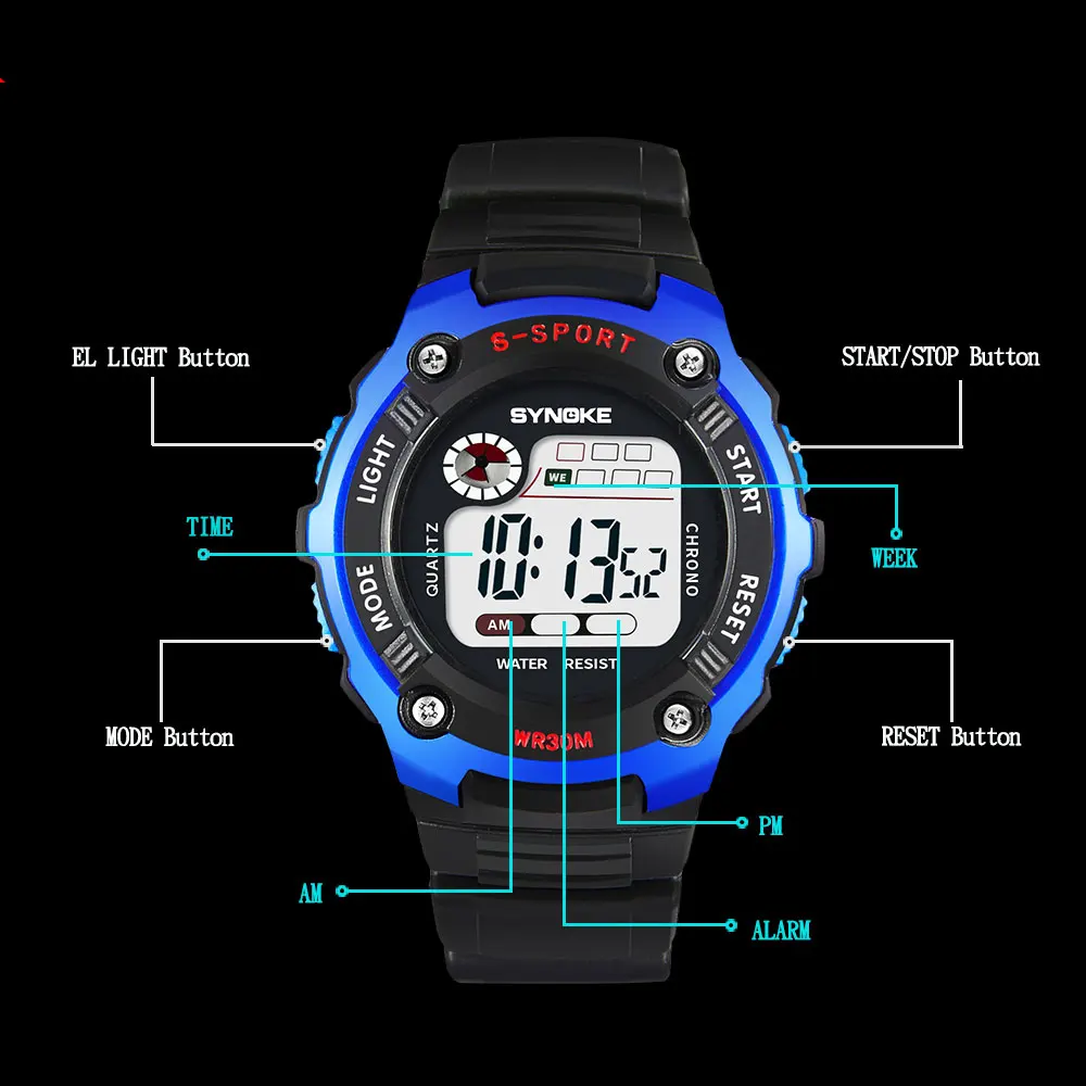 Chłopięce zegarki dla dzieci LED cyfrowy SYNOKE oficjalny sklep flagowy elektroniczny zegarek dla chłopców dziewcząt Sport Student Montre pour enfants