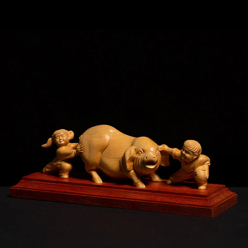 Playful Children and Pig Boxwood Sculpture, Chinese Feng Shui Inspired Home Decor