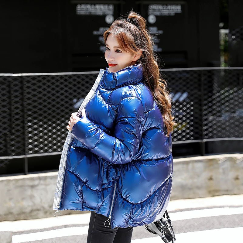 

Korean Style Women's Winter Jacket Short Style Oversized Parkas Female Loose Solid Glossy Plus Size Stand Collar Thick Coats