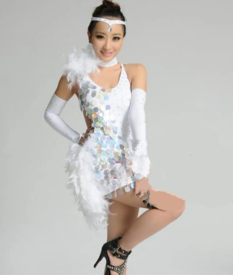 Girl Feather Latin Dance Dress Customize Woman Sequined Cha Cha/Rumba/Samba/Ballroom Dance Competition Dress for Performance