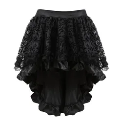 Women Gothic Floral Lace Ruffled Skirt Asymmetrical High Low Skirt Steampunk Pirate Skirts Halloween Costumes Plus Size