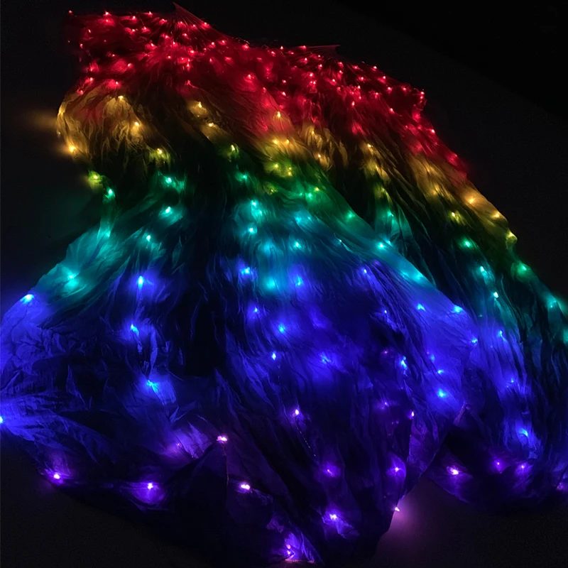 LED Rainbow Dance Fãs Longos para Mulheres, 100% Seda, Traje de Dança do Ventre, Acessórios de Dança Chinesa