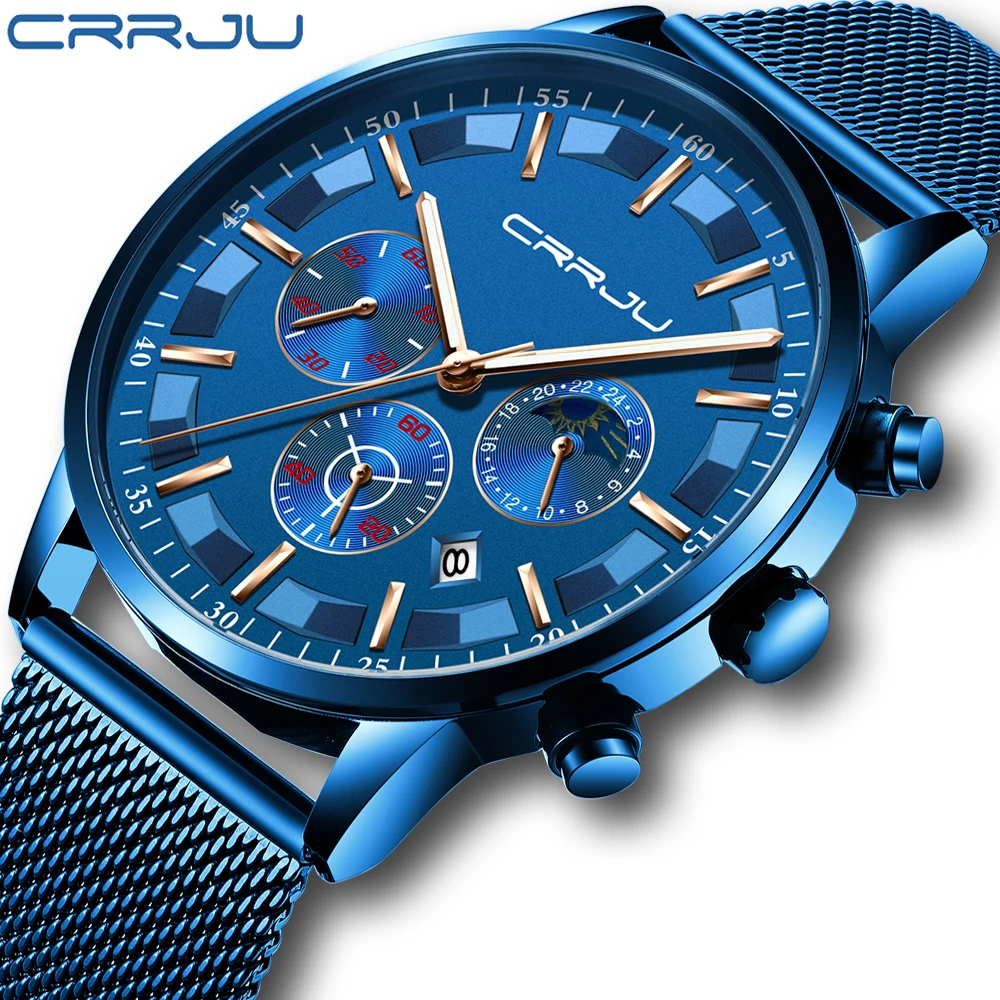 

CRRJU Watch Men Fashion Sports Quartz Full Steel Blue Business Mens Watches Top Brand Luxury Waterproof Watch Relogio Masculino